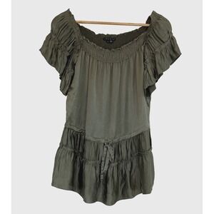 Theory Top Flowy Peasant Olive Green Short Flutter Sleeves‎ Smocking Size PS
